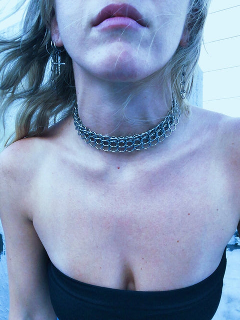 dragonscale chainmail choker or collar necklace, handmade from hypoallergenic stainless steel