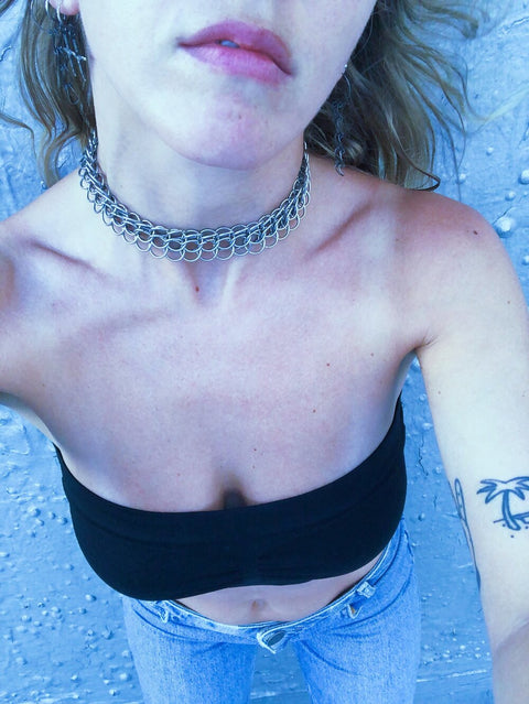 dragonscale chainmail choker or collar necklace, handmade from hypoallergenic stainless steel