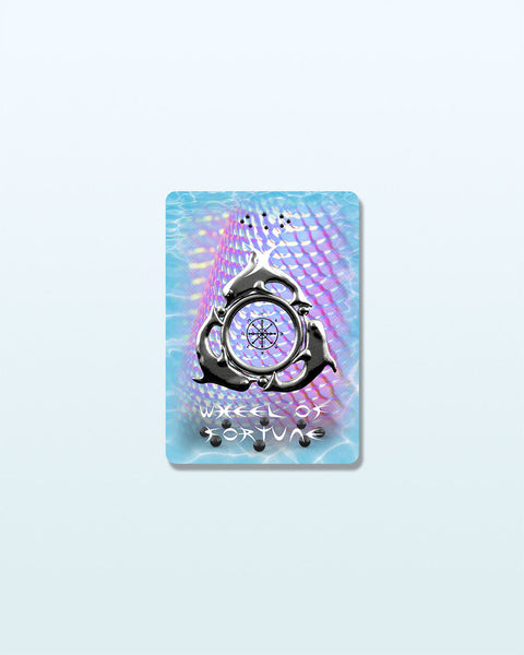 Tarot charm necklace featuring a 3D ring of dolphins for a modern interpretation of the Wheel of Fortune major arcana