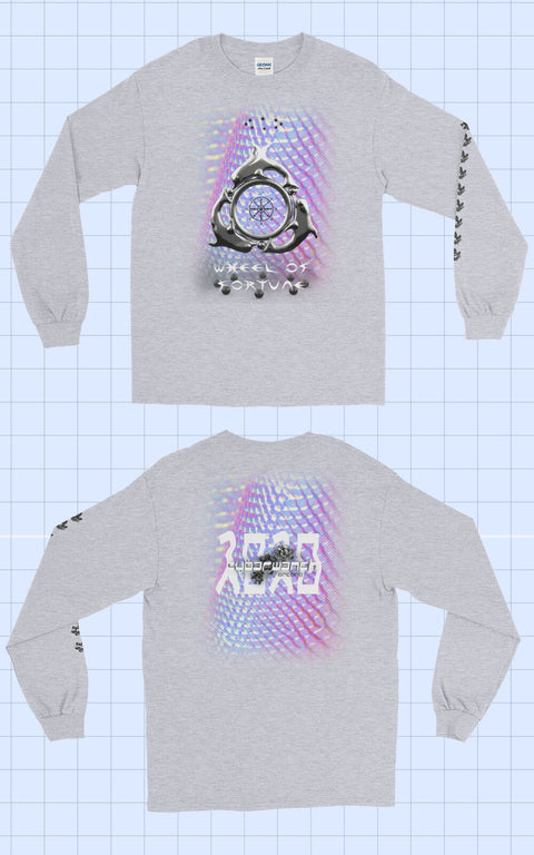 Tarot long sleeve featuring 3D ring of dolphins as a modern interpretation of the Wheel of Fortune major arcana